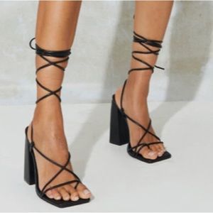 Black PU square toe laced high heel